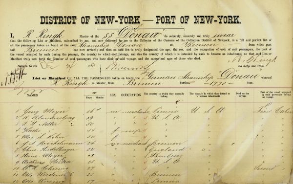 Historische Passagierliste vom Schnelldampfer DONAU 1851